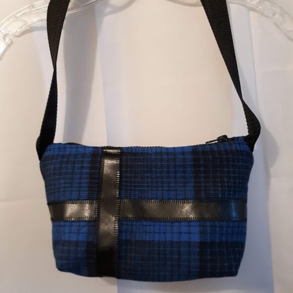 New Classic Plaid Wool Top handle Purse Shoulder bag Blue Black Faux leathertrim - Picture 2 of 10